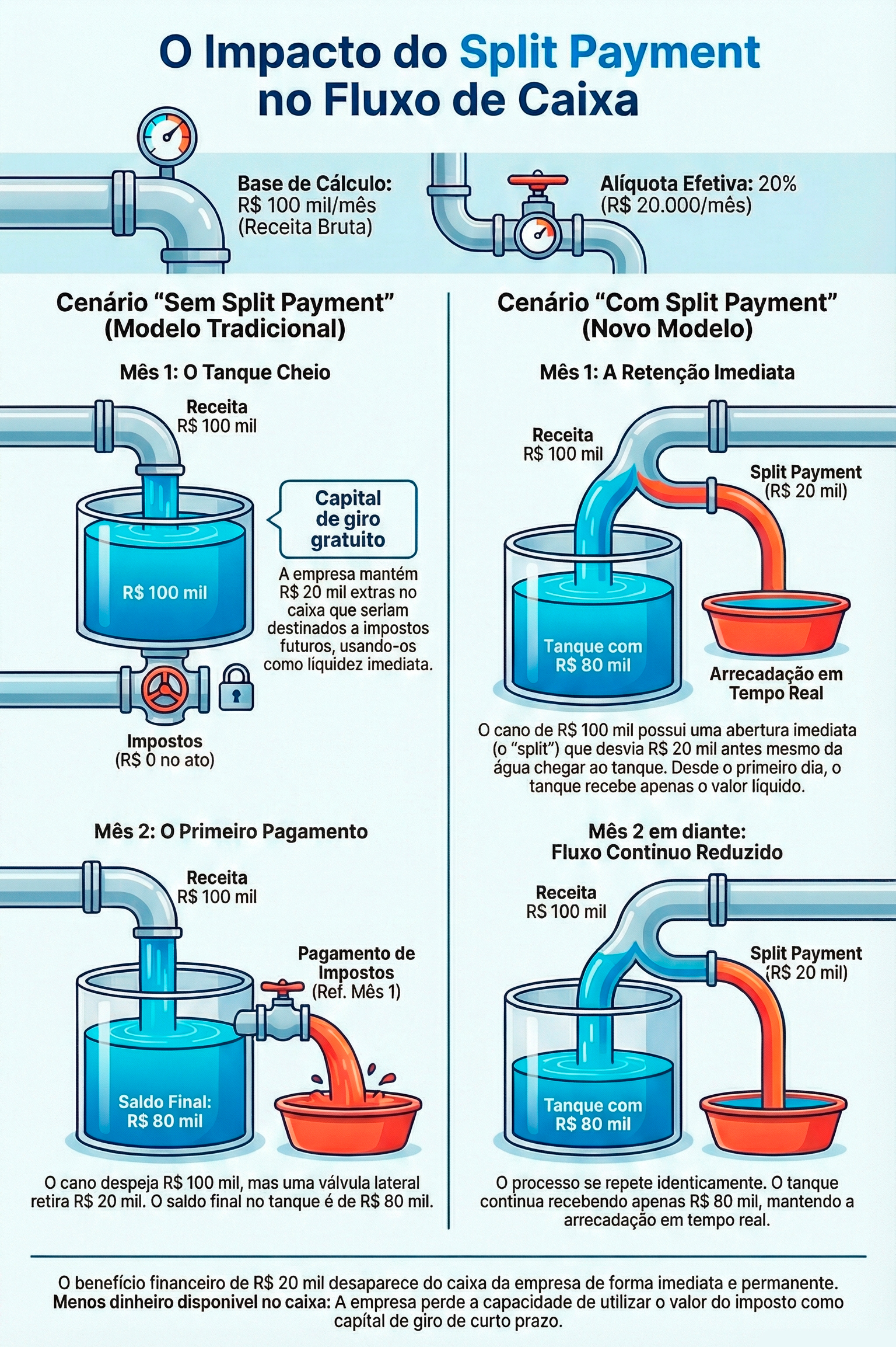 CDATA[Hoje, ao vender um produto ou serviço ao cliente, a empresa recebe o valor “cheio” dessa transação e tem um prazo para recolher os tributos ao governo. Com a implementação do split payment (“dividir o pagamento”, em inglês) isso vai mudar! Quando o cliente efetuar o pagamento por meios eletrônicos (cartão de crédito ou débito, PIX etc.), o valor do tributo será descontado e pago automaticamente, sem que o dinheiro passe pela conta do negócio. O formato é semelhante ao Imposto de Renda (IR) do empregado com carteira assinada, que já é descontado na folha de pagamento antes de o salário ser pago.Essa nova dinâmica exige um novo planejamento financeiro para o dia a dia dos negócios, já que o prazo entre receber o dinheiro pela venda e pagar o imposto funciona como um “crédito informal” para muitos negócios. Como esse “colchão financeiro” deixará de existir, isso trará um impacto significativo para as empresas que já operam com margens apertadas ou que dependem de elevado capital de giro para honrar compromissos de curto prazo.Planejamento antecipadoA implementação do split payment será gradual, com a primeira fase se iniciando em 2027. Então, há tempo para se preparar — e quem agir antes sairá em vantagem. Veja, a seguir, algumas dicas e orientações.1. Revise o capital de giroCalcule quanto do seu fluxo de caixa atual depende do “prazo” que você tem para pagar impostos. Esse valor precisará ser coberto de outra forma. Converse com o seu contador para ter uma visão clara.2. Renegocie prazos com fornecedoresSe parte do seu equilíbrio financeiro vinha do prazo de recolhimento de tributos, tente compensar isso ampliando os prazos de pagamento aos seus fornecedores. Essa negociação fica mais fácil quando feita com antecedência.3. Revise a precificaçãoCom menos capital de giro disponível, os custos financeiros podem aumentar. Verifique se o preço dos seus produtos e serviços já considera essa nova realidade. Uma precificação desatualizada pode corroer a margem sem que você perceba.4. Explore linhas de crédito de capital de giroBancos e fintechs
![